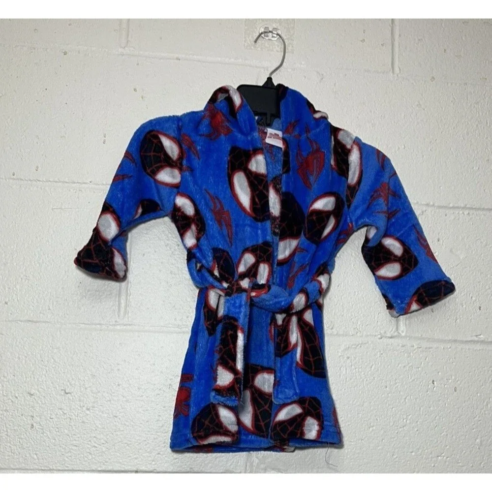 Marvel Spiderman Kids Robe XXS 2T Blue Red Fleece Belted Hooded Soft NWT